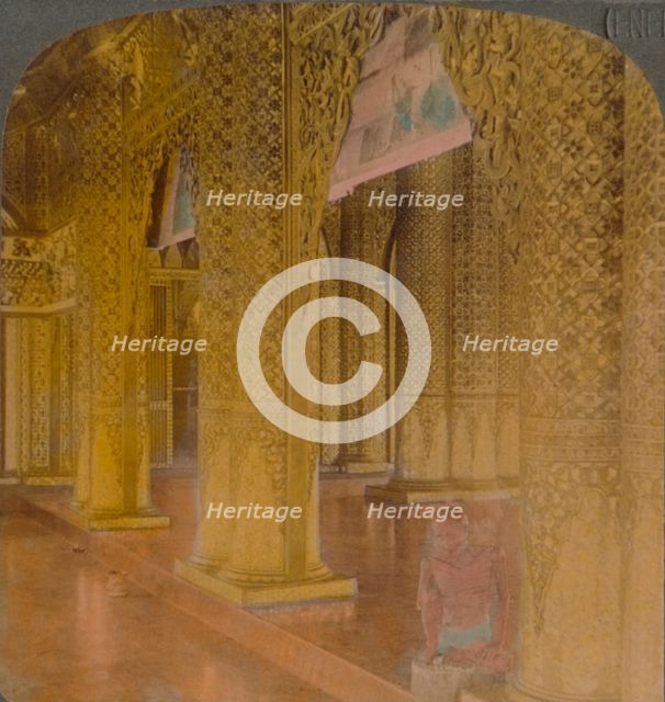 'Buddhist temple interior with costly decorations in gold and colors, Moulmein, Burma', 1907. Artists: Elmer Underwood, Bert Elias Underwood.