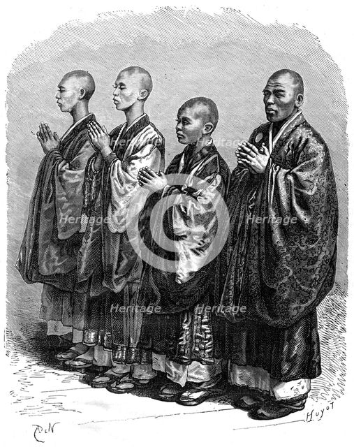 Buddhists in prayer, Japan, 19th century.Artist: A de Neuville