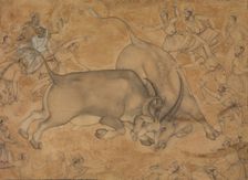 Buffaloes in Combat, late 16th century. Creator: Attributed to Miskin