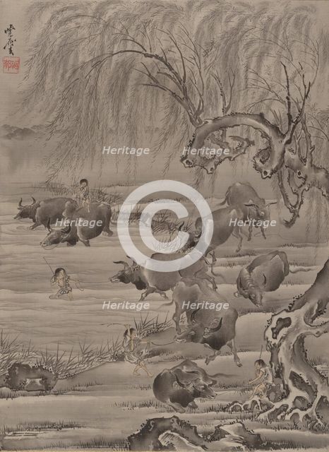 Buffalo and Herdsman, ca. 1887. Creator: Kawanabe Kyosai.