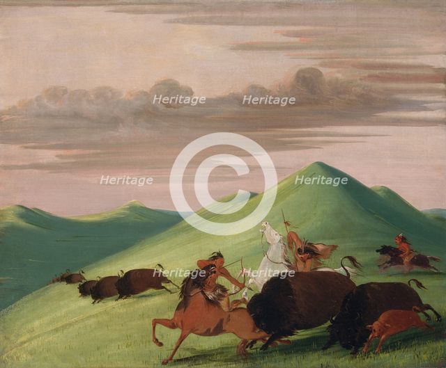 Buffalo Chase, Bull Protecting a Cow and Calf, 1832-1833. Creator: George Catlin.
