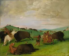 Buffalo Chase, Bulls Making Battle with Men and Horses, 1832-1833. Creator: George Catlin