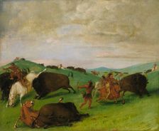 Buffalo Chase, Bulls Making Battle with Men and Horses, 1832-1833. Creator: George Catlin