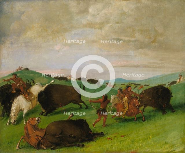 Buffalo Chase, Bulls Making Battle with Men and Horses, 1832-1833. Creator: George Catlin.