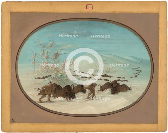 Buffalo Chase in the Snow Drifts - Ojibbeway, 1861/1869. Creator: George Catlin.