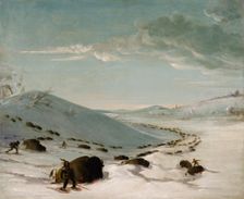 Buffalo Chase in Winter, Indians on Snowshoes, 1832-1833. Creator: George Catlin