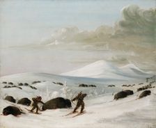 Buffalo Chase in Snowdrifts, Indians Pursuing on Snowshoes, 1832-1833. Creator: George Catlin