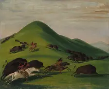 Buffalo Chase over Prairie Bluffs, 1832-1833. Creator: George Catlin