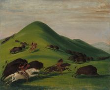 Buffalo Chase over Prairie Bluffs, 1832-1833. Creator: George Catlin