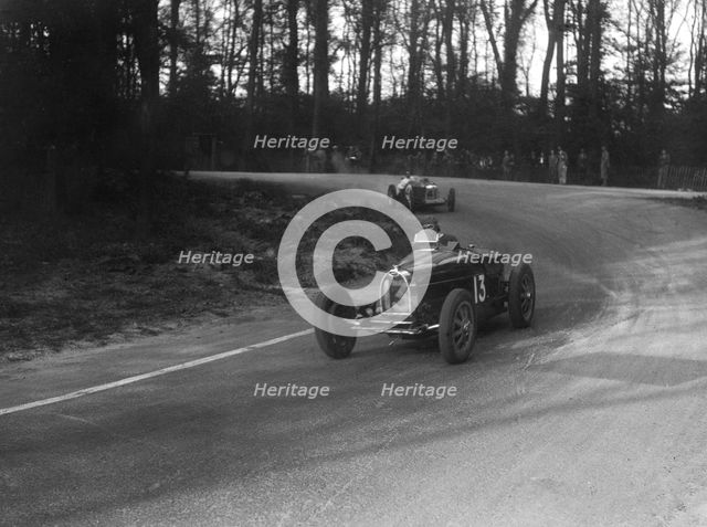 Bugatti Type 35B of Jock Leith leading a Riley Brooklands at Donington Park, Leicestershire, 1935. Artist: Bill Brunell.