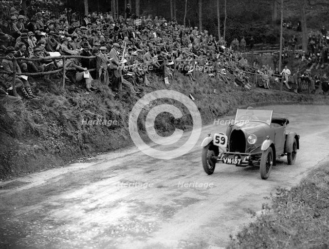 Bugatti Type 40 of Miss C Turner at the Shelsley Walsh Amateur Hillclimb, Worcestershire, 1929. Artist: Bill Brunell.