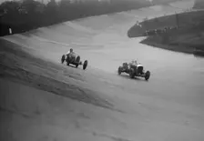 Bugatti and Bentley of Eddie Hall racing at a BARC meeting, Brooklands, Surrey, 1931 Artist: Bill Brunell