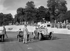 Bugatti and Renault on the start line for the Vintage Cup, Crystal Palace, 1939. Artist: Bill Brunell