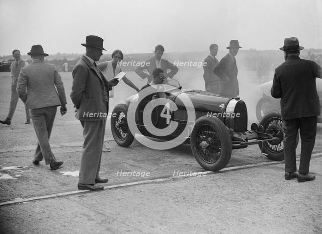Bugatti at a Surbiton Motor Club race meeting, Brooklands, Surrey, 1928. Artist: Bill Brunell.