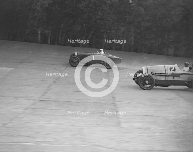 Bugatti of Kaye Don and Delage of J Taylor, Surbiton Motor Club race meeting, Brooklands, 1928. Artist: Bill Brunell.