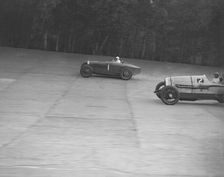 Bugatti of Kaye Don and Delage of J Taylor, Surbiton Motor Club race meeting, Brooklands, 1928. Artist: Bill Brunell