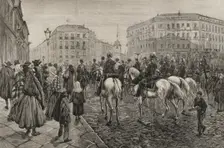Buglers playing military reveille, Madrid, Spain, on the day of the royal wedding, 1878. Creator: Enrique Alba