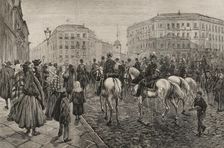 Buglers playing military reveille, Madrid, Spain, on the day of the royal wedding, 1878. Creator: Enrique Alba