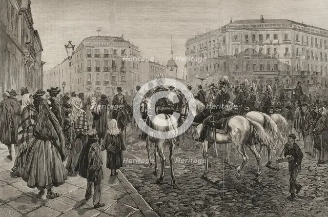 Buglers playing military reveille, Madrid, Spain, on the day of the royal wedding, 1878. Creator: Enrique Alba.