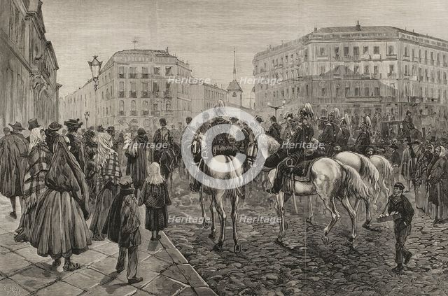 Buglers playing military reveille, Madrid, Spain, on the day of the royal wedding, 1878. Creator: Enrique Alba.