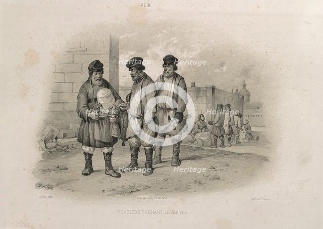 Builders drinking Sbiten (From: The Construction of the Saint Isaac's Cathedral), 1845. Artist: Montferrand, Auguste, de (1786-1858)