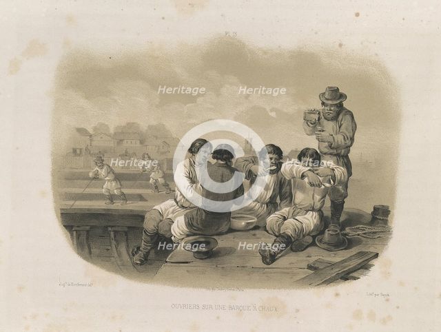 Builders on a boat (From: The Construction of the Saint Isaac's Cathedral), 1845. Artist: Montferrand, Auguste, de (1786-1858)