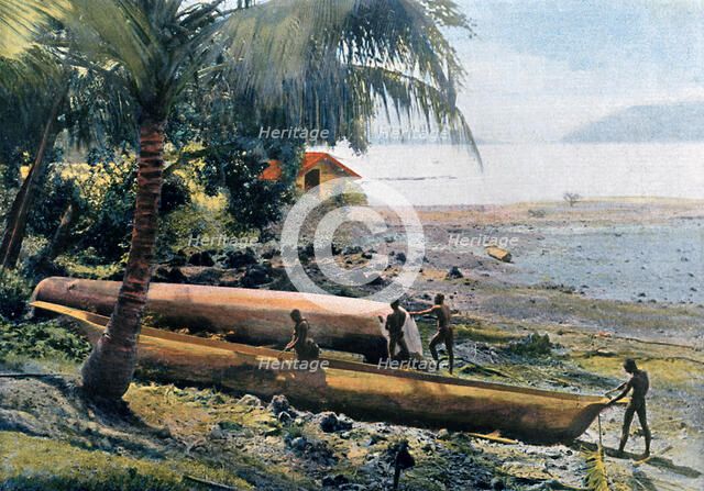Building canoes, Andaman and Nicobar Islands, Indian Ocean, c1890. Artist: Gillot
