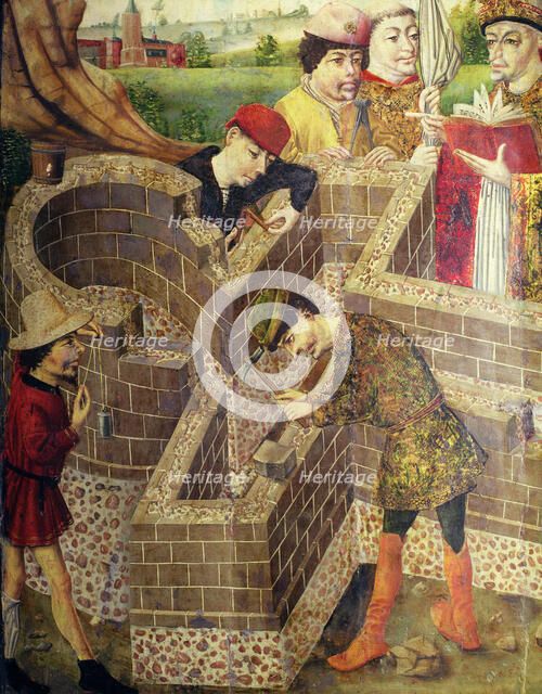 Building a church, detail from the Painting 'Church of San Miguel', panel painting.