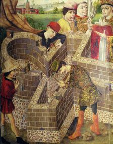 Building a church, detail from the Painting Church of San Miguel panel painting
