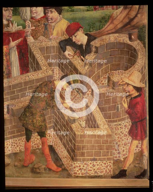  'Building a church dedicated to Saint Michael', oil on panel attributed to the Master of Avila.