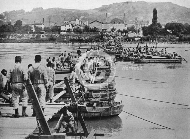 'Building a pontoon bridge over a French stream', 1915. Artist: Unknown.