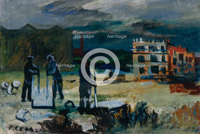 Building new houses, 1933. Artist: Semashkevich, Roman Matveevich (1900-1937)