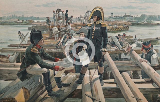 'Building the Bridge at the Island of Lobau', 1809, (1896). Artist: Unknown.