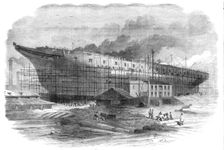 Building the great steam-frigate "Warrior" at the Thames Ironworks, Blackwall, 1860. Creator: Smyth