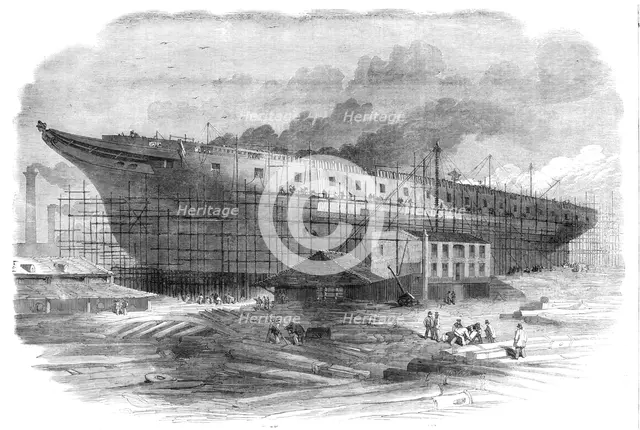 Building the great steam-frigate "Warrior" at the Thames Ironworks, Blackwall, 1860. Creator: Smyth.