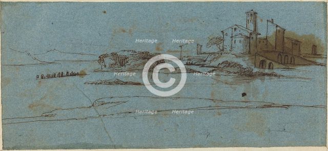 Buildings on a River Bank [verso]. Creator: Master of the Blue Landscapes.