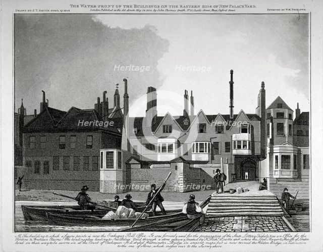 Buildings on the eastern side of New Palace Yard, Palace of Westminster, London, 1808. Artist: William Fellows