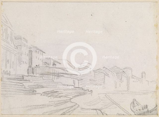 Buildings along a Riverside [verso], probably c. 1754/1765. Creator: Hubert Robert.