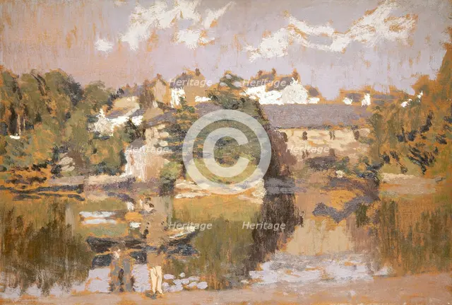 'Buildings by a river', 1923-1943. Creator: Edward Morland Lewis.