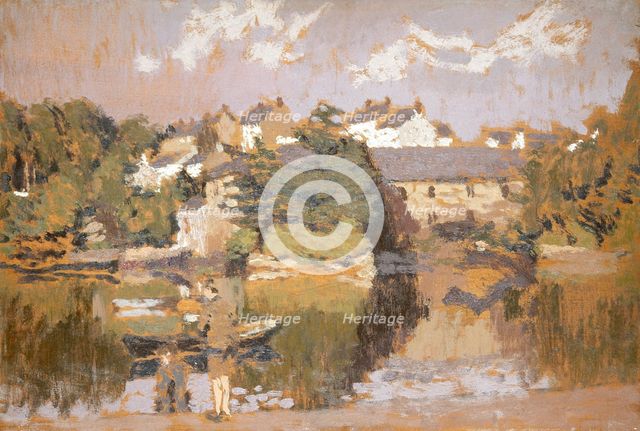 'Buildings by a river', 1923-1943. Creator: Edward Morland Lewis.