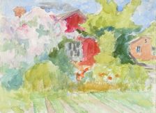 Buildings in the middle of trees, fields in the foreground. Creator: Maria Wiik