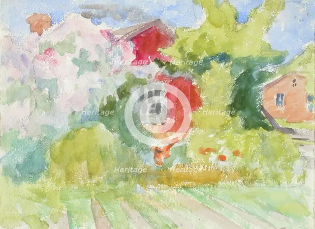 Buildings in the middle of trees, fields in the foreground. Creator: Maria Wiik.