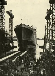 Built in a Belfast Shipyard - The launching of the Edinburgh Castle, a fine ship built recently for Creator: Unknown