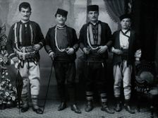 Bulgarian men wearing national dress, early 20th century. Creator: Unknown