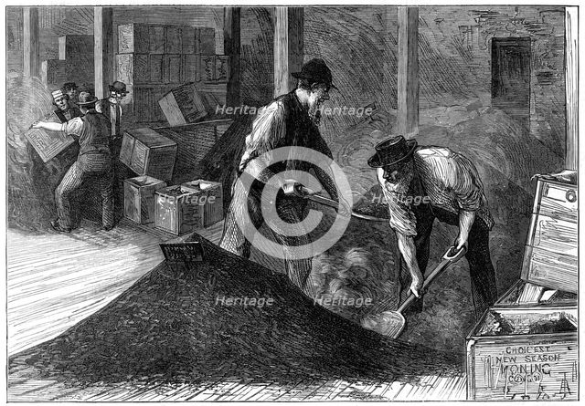 Bulking tea at a tea warehouse, 1874. Artist: Unknown