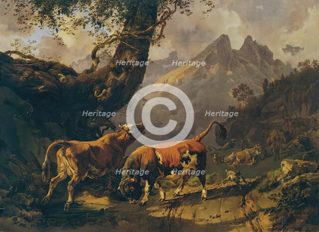 Bull chasing a cow, in the background landscape near Carrara, 1832. Creator: Johann Nepomuk Rauch.