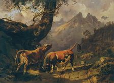 Bull chasing a cow, in the background landscape near Carrara, 1832. Creator: Johann Nepomuk Rauch
