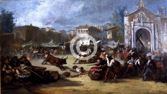  'Bull escaped in a market', oil by Eugenio Lucas Pradilla.