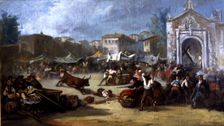 Bull escaped in a market oil by Eugenio Lucas Pradilla