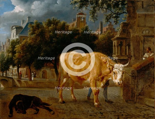 Bull in a City Street, c1670. Creators: Adriaen van de Velde, Jan van der Heyden.